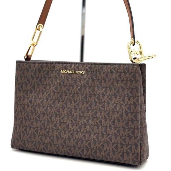 Michael Kors Trisha Medium Triple Compartment Crossbody Bag Brown Signature - Picture 1 of 11